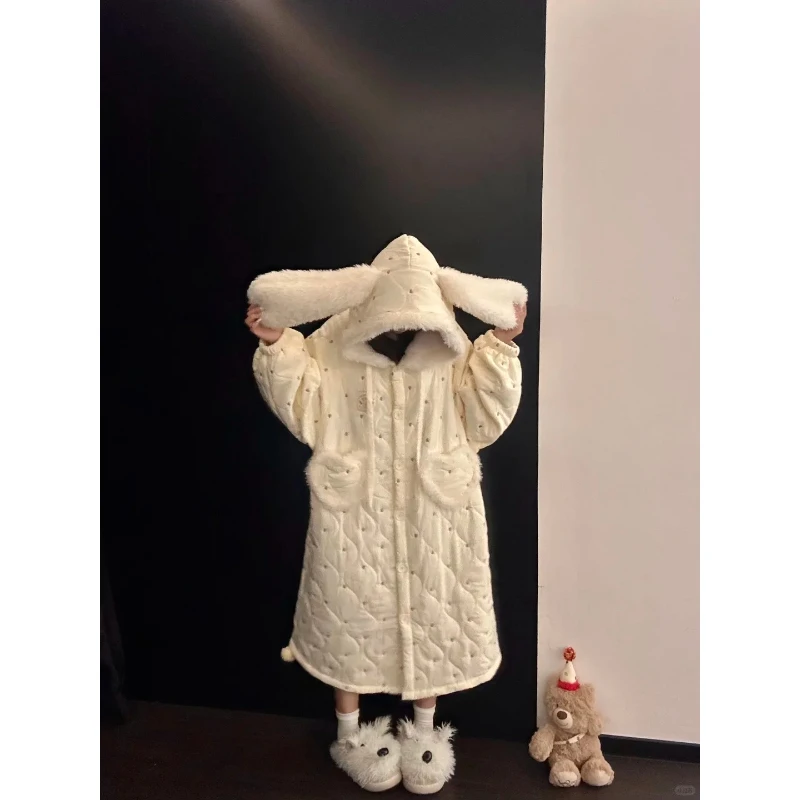 甜美爱心夹棉加厚睡衣睡袍女2025秋冬季新款加厚保暖家居服可外穿