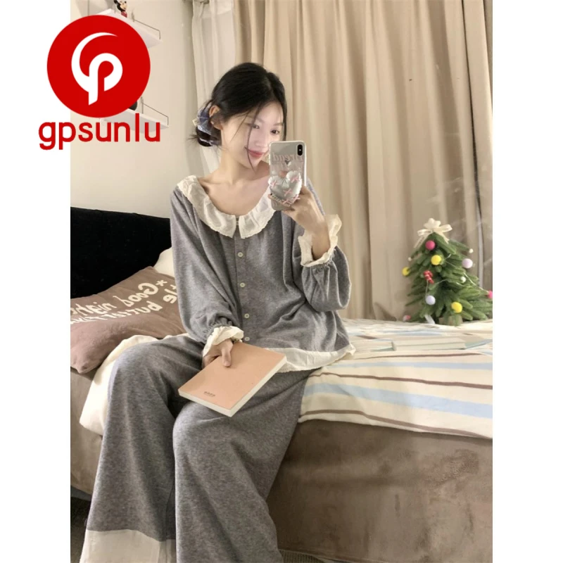 GPsunlu「日系ins风」拼接蕾丝长袖薄绒女睡衣冬季宽松休闲家居服