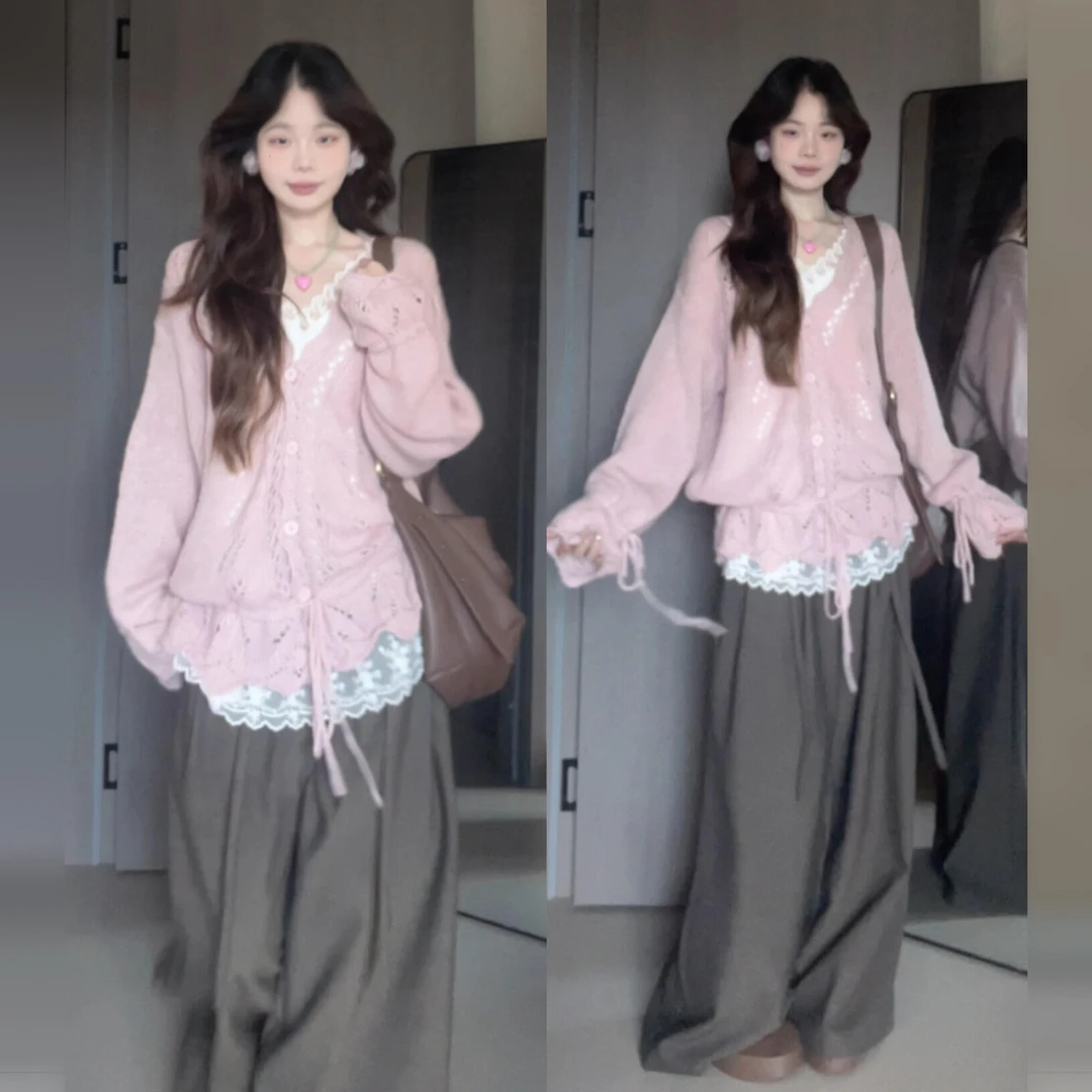 法式甜美粉色针织开衫女秋冬2026新款早秋韩系氛围感穿搭毛衣上衣