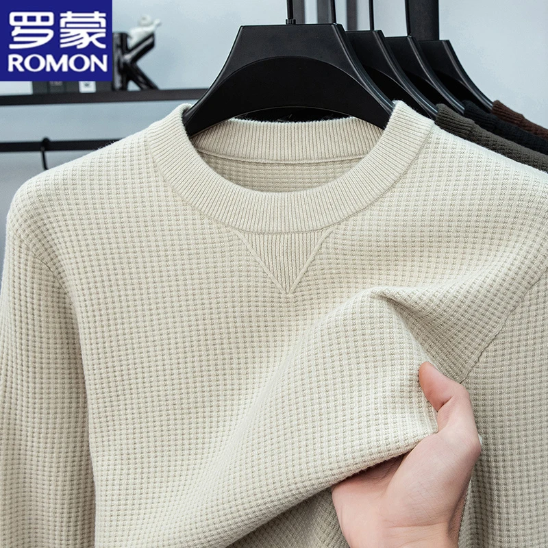 罗蒙冬季加厚圆领含羊毛毛衣男士保暖针织衫休闲百搭纯色打底衫