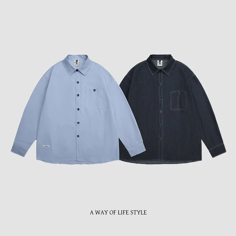 日系休闲纯色百搭长袖衬衫男女翻领上衣-941