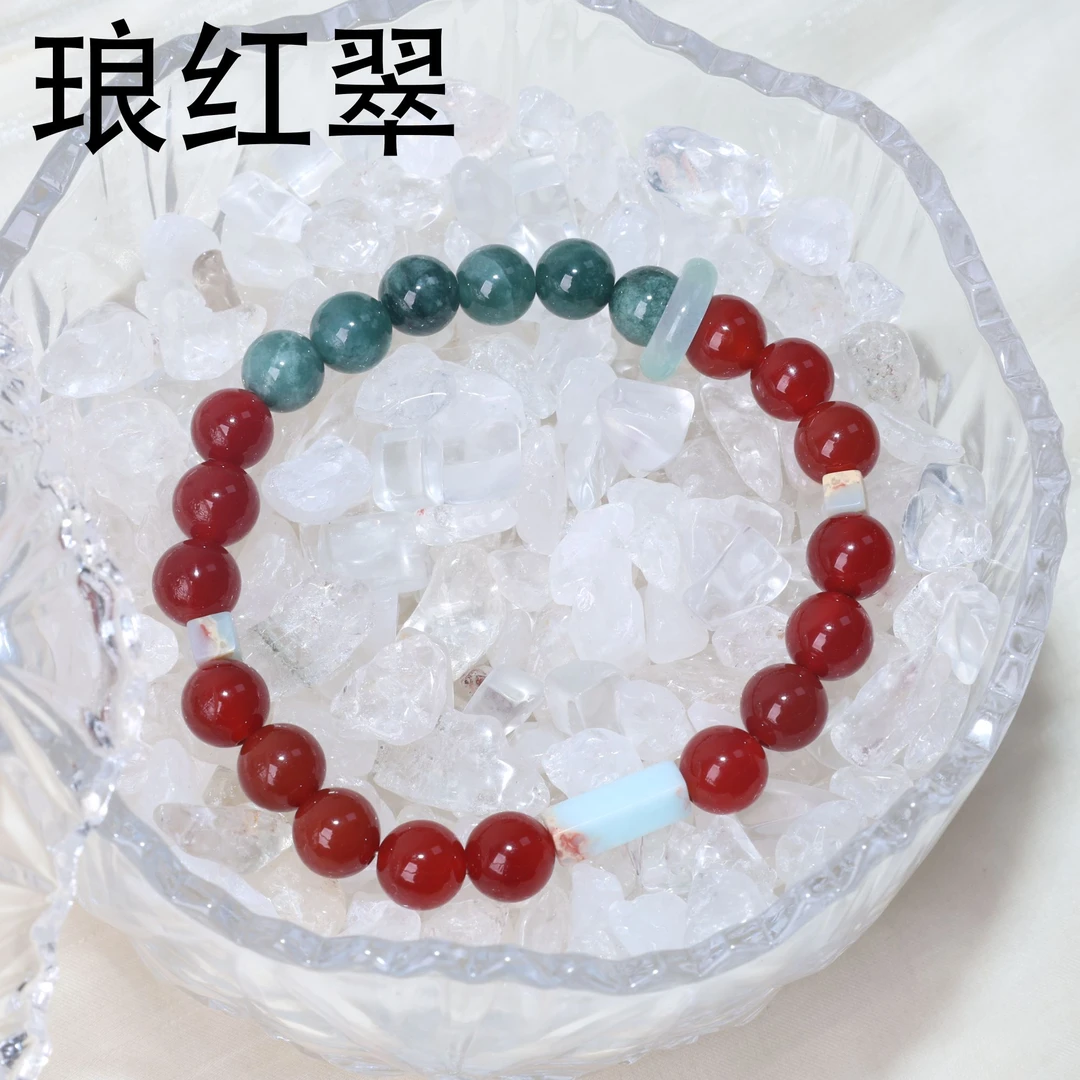 复古风双色蓝水翡翠红玛瑙串珠手链小众设计时尚手饰精致饰品礼物