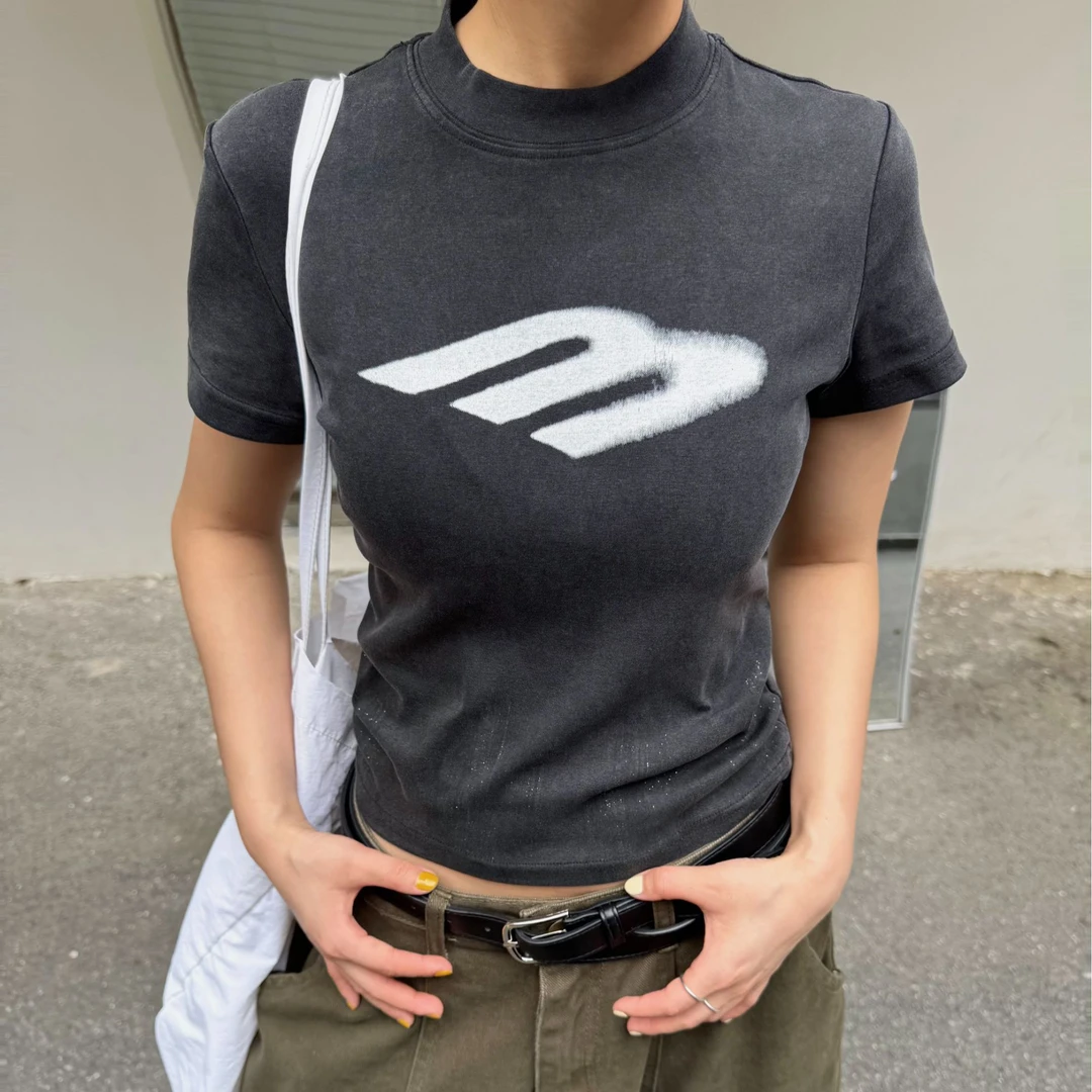 【清】2025夏季韩版显瘦百搭圆领印花修身短款短袖T恤上衣女80753