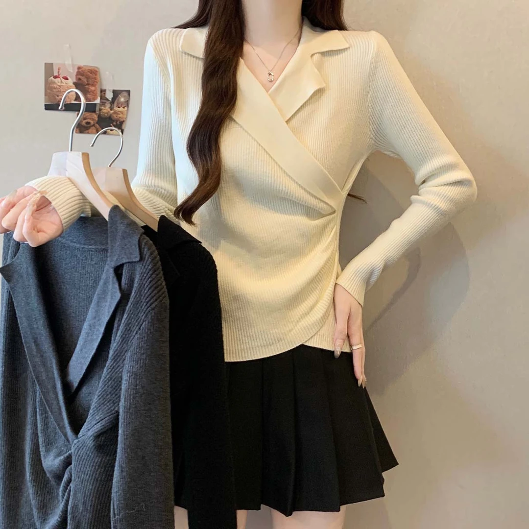 冬新款不规则翻领百搭针织毛衣女大码显瘦减龄米白深灰黑色