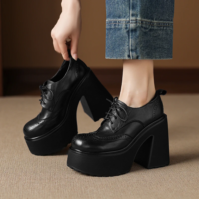 小个子10cm超高跟厚底单鞋2025新款轻便粗跟防水台系带女士皮鞋
