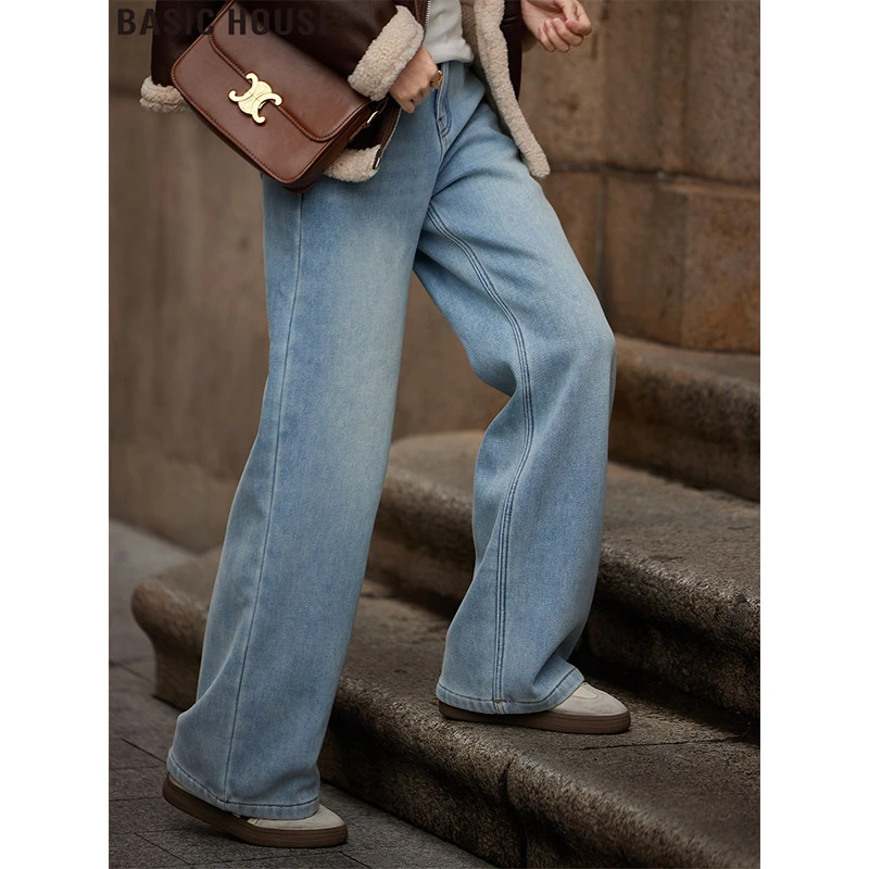 Basic House/百家好浅蓝色阔腿牛仔裤加绒加厚直筒裤女士2025秋冬