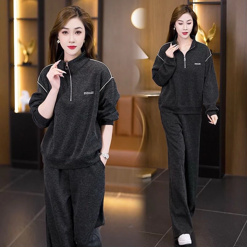 休闲套装2025春季新款时尚气质大码女装纯色立领卫衣阔腿裤两件套