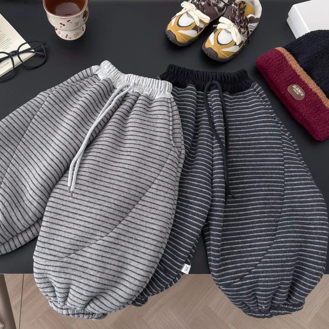 【850克加厚葵花绒】条纹运动裤宽松舒适皮筋口保暖-亲萌鱼-8849