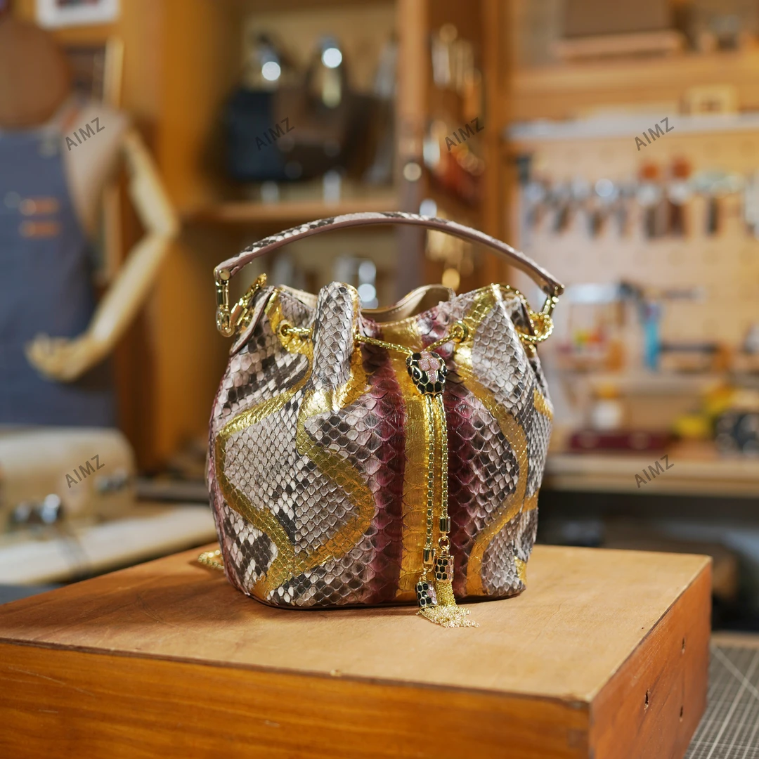 【丹姐】蛇皮真皮时尚链条包手提包-水桶包