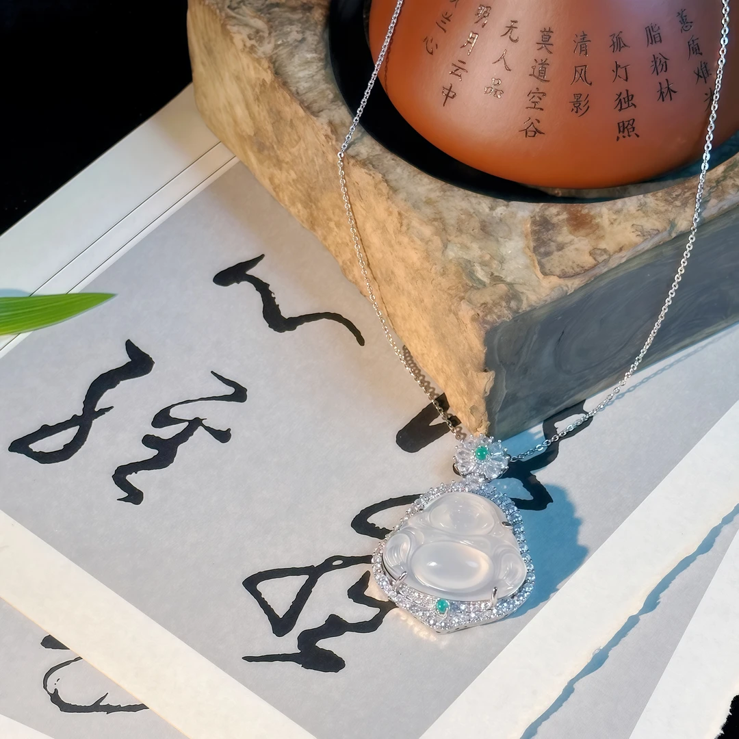 天然冰种玉髓大佛公吊坠项链冰透起光 笑口常开 （带证书）