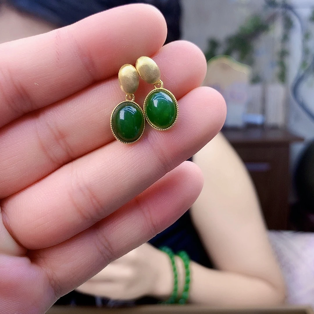 和田玉（碧玉）银S925镶嵌吊坠(不含链)耳钉