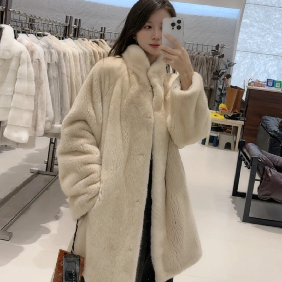 冬季新款翻领进口天鹅绒中长年轻款貂皮大衣整貂水貂毛皮草外套女
