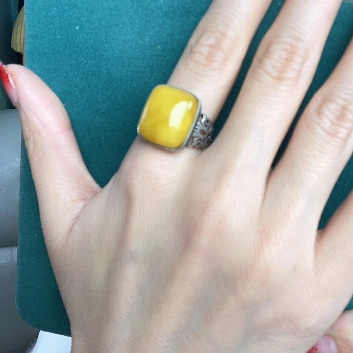 蜜蜡戒指银S925镶嵌戒指