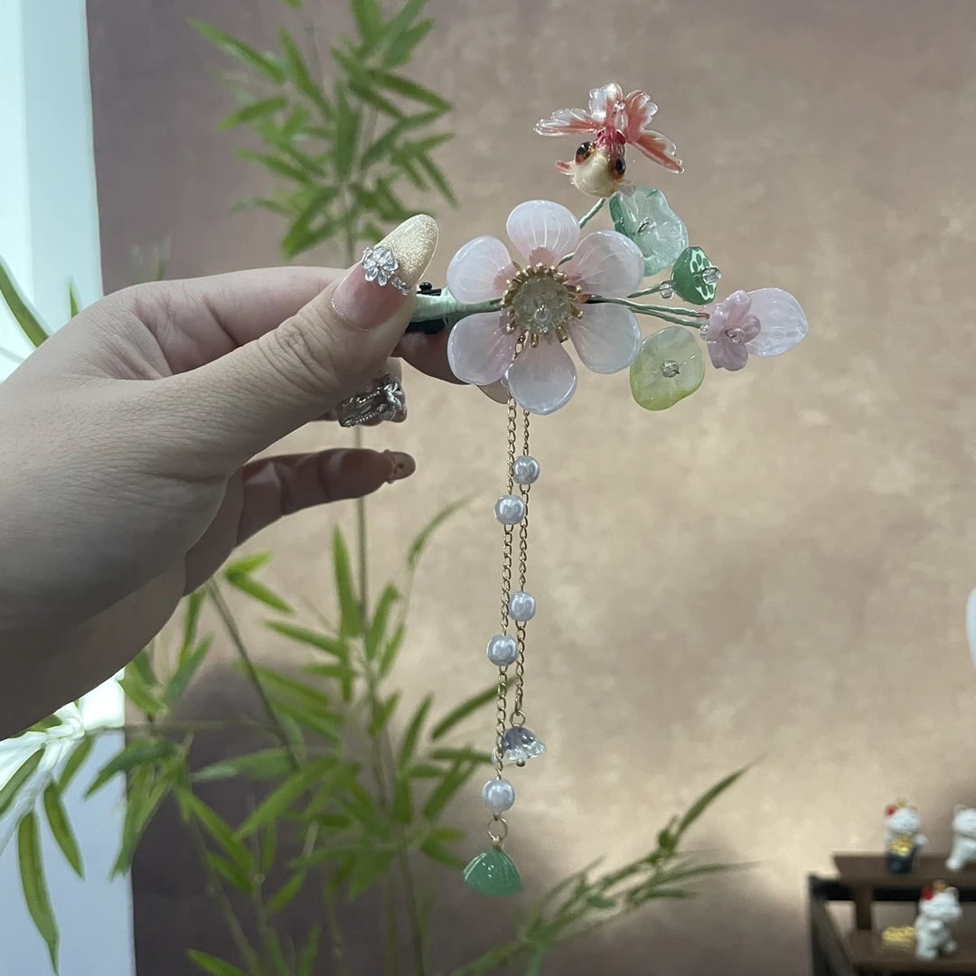 古风荷花小锦鲤边夹长流苏发夹汉服头饰夏款