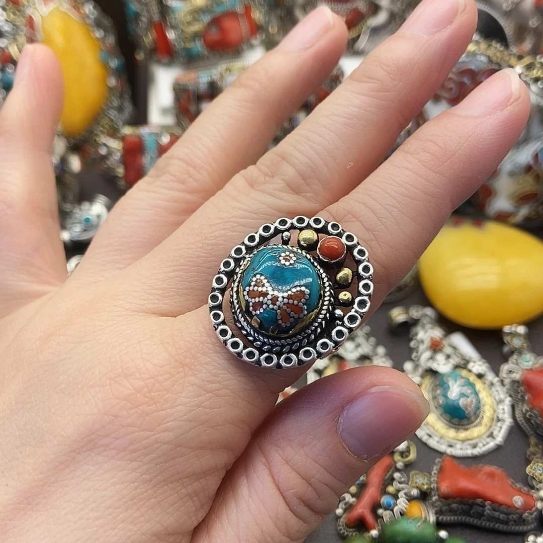 绿松石银S925镶嵌戒指坤尼泊尔手工制作