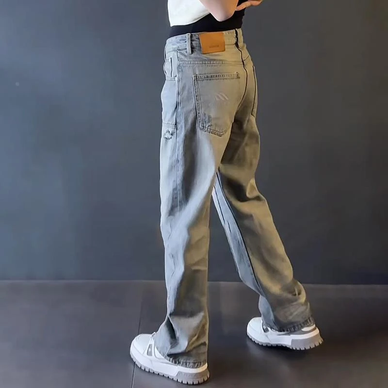 轻奢男装大码潮牌男士时尚新款高级感痞帅牛仔裤休闲长裤直筒拼接