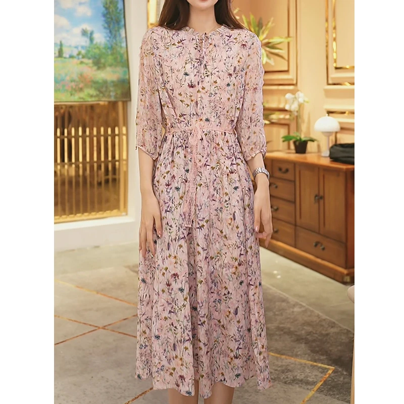 【堇兰桑蚕丝】春夏气质真丝裙印花收腰桑蚕丝连衣裙女YYQ22-961