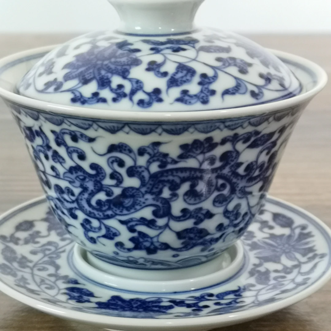 景德镇纯手工手绘柴窑原矿青花仿清点工缠枝花卉龙凤纹三才盖碗茶