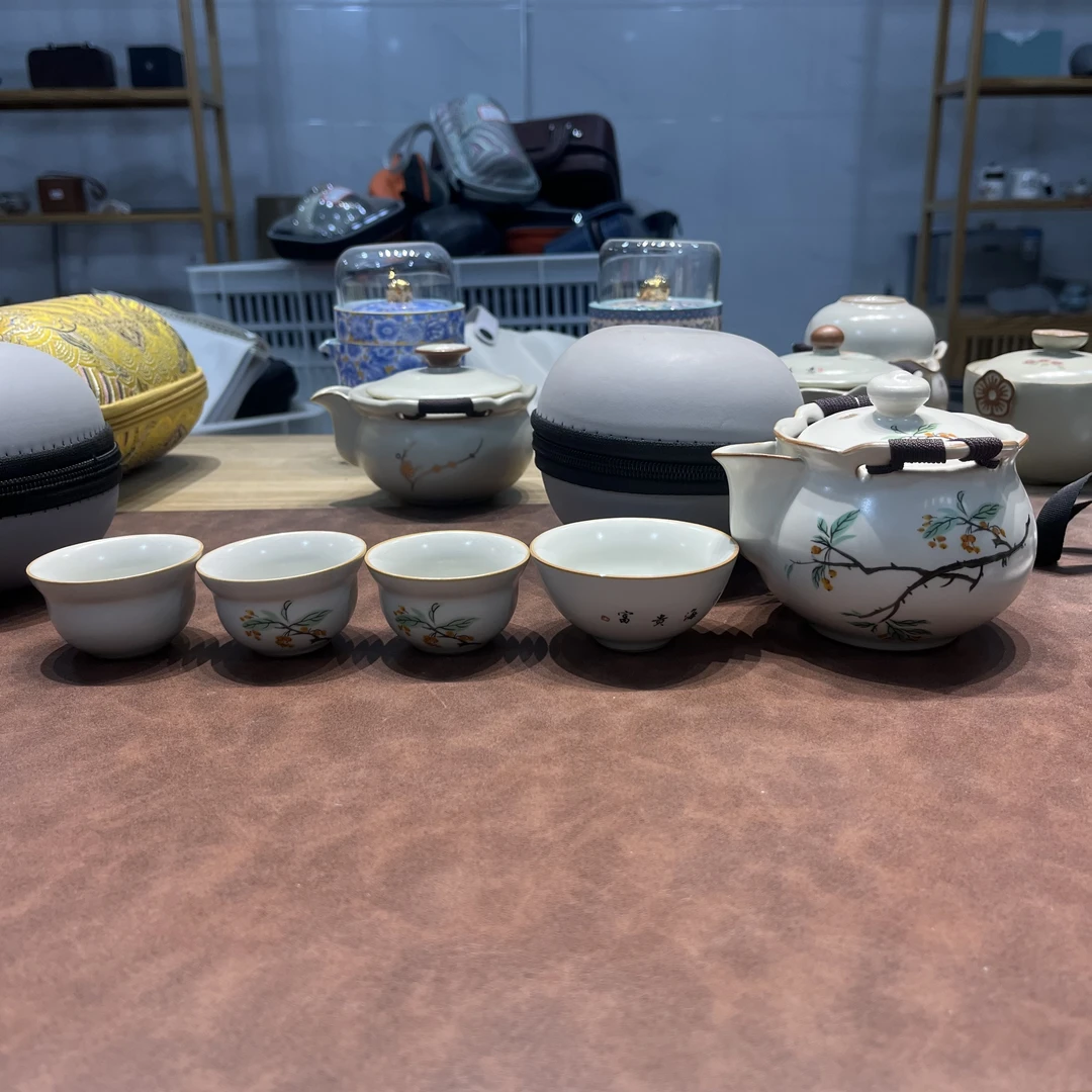 C269 汝窑旅行茶具套装便携式快快客杯手抓杯一壶四杯简约一人出