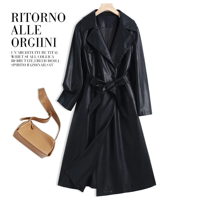 高端时尚绵羊皮风衣女气质收腰春款皮衣经典百搭西服领真皮大衣