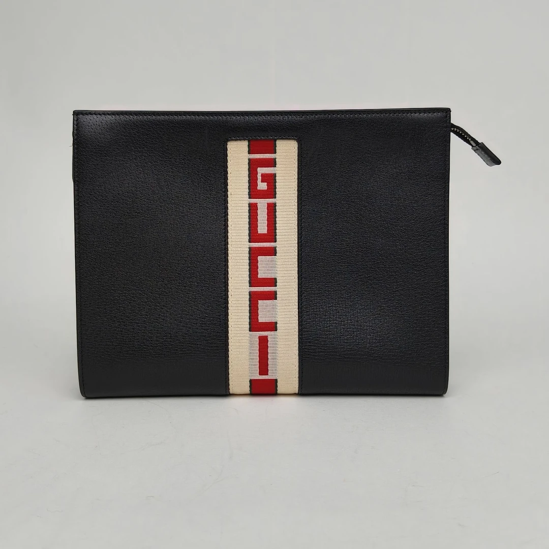 95新 GUCCI/古驰 《攀攀》黑色 皮革C 帆布 刺绣条纹 洗漱包