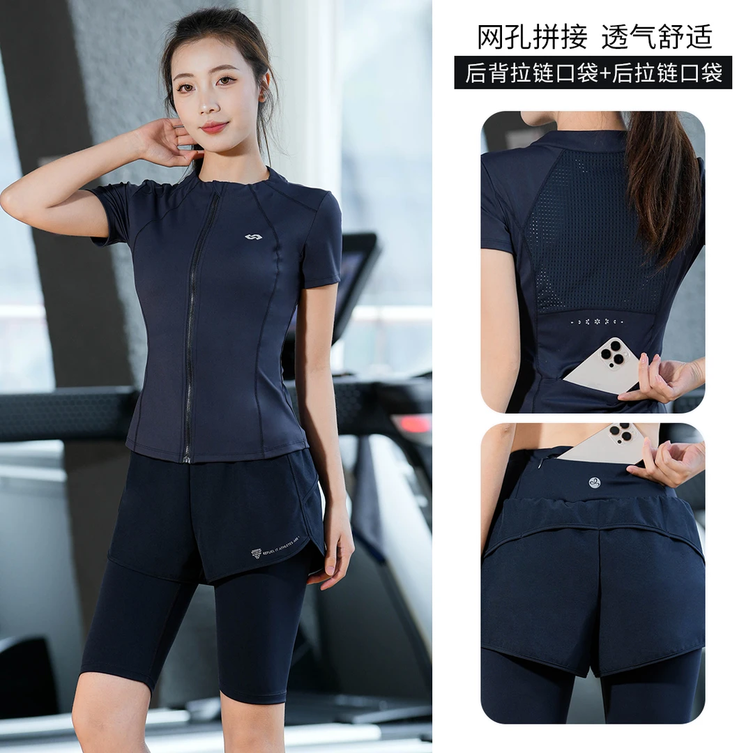 户外速干运动服套装女夏季半拉链专业健身房晨跑登山五分裤瑜伽服