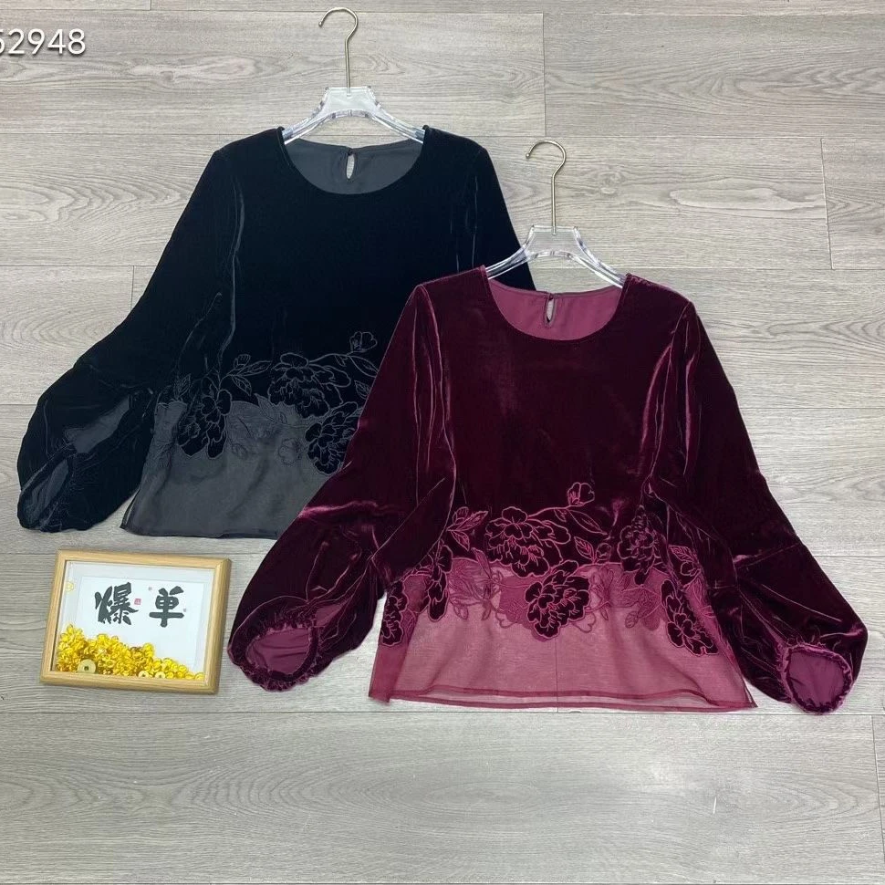 100%桑蚕丝早春上衣长袖刺绣衬衫气质时尚