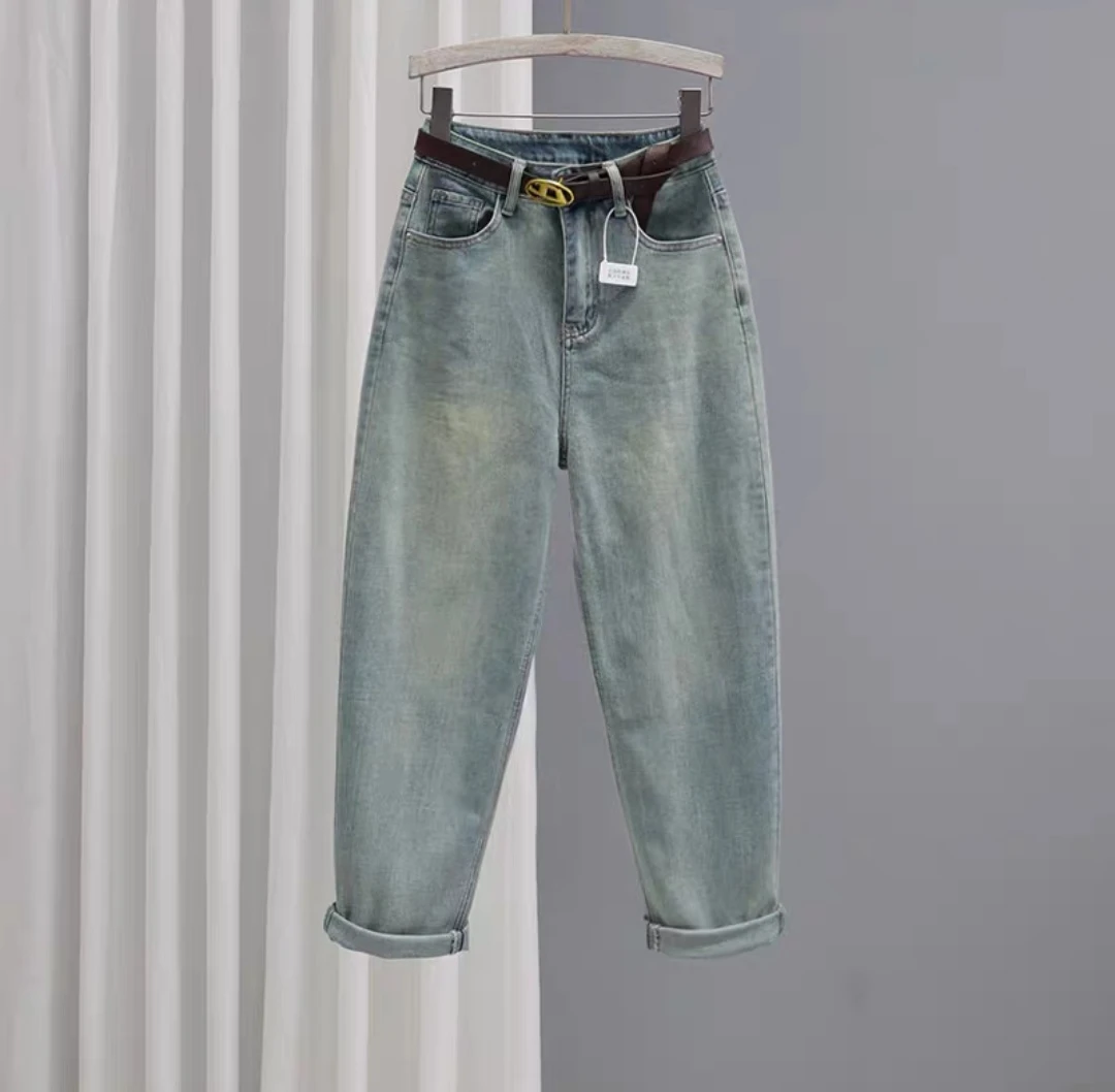 女士哈伦牛仔裤夏季薄款萝卜显瘦宽松深蓝色九分老爹裤时尚休闲