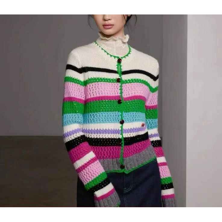 凯特丝蓓766#！圆领彩虹条纹针织开衫女多巴胺撞色镂空外套1-748