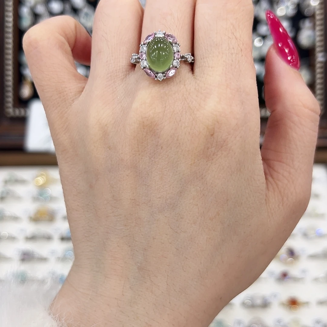 蛇纹石玉银S925镀金镶嵌戒指