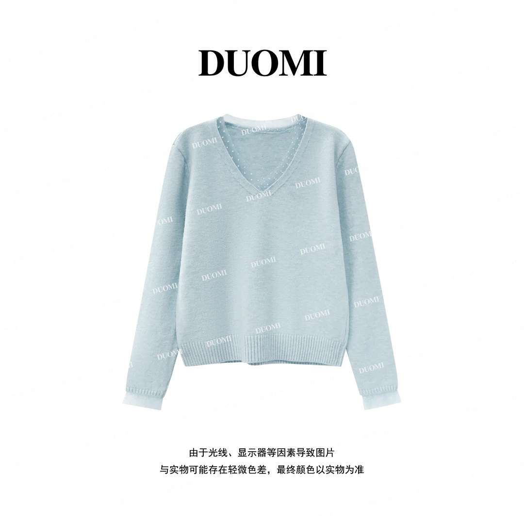 【DUOMI】新款女装百搭时尚v领设计感拼蕾丝长袖上衣女D8165