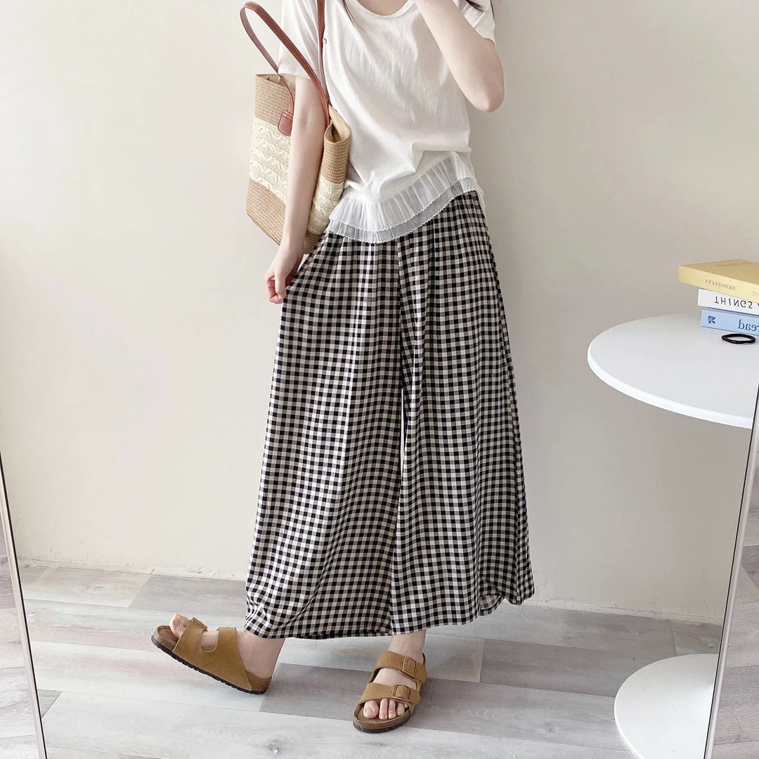 （现货清）格子裤裙女夏季2025高腰百搭复古显瘦阔腿裤休闲