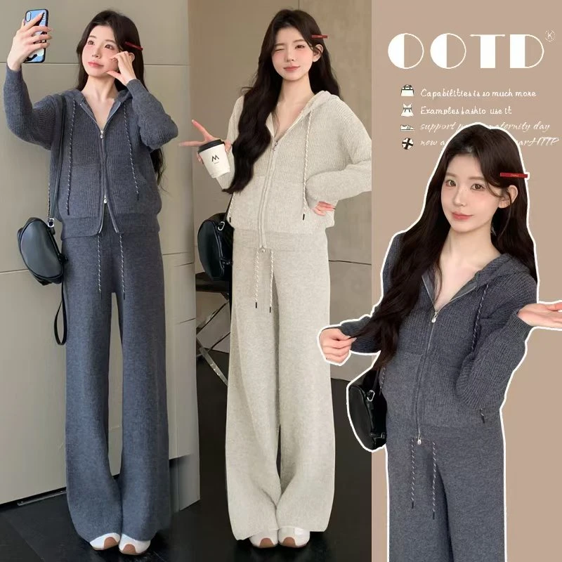 孕妇装秋冬套装2025新款休闲时尚百搭连帽毛衣+抽绳阔腿裤两件套
