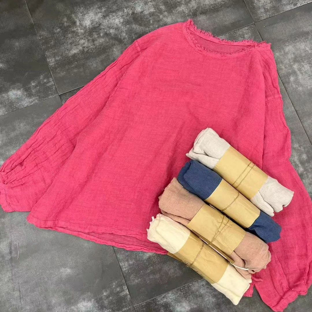 猫迷森林 薄款进口侧开叉原创毛边圆领亚麻衬衫3668-1