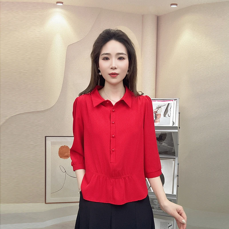 春夏季时尚七分袖衬衫宽松遮肚子气质减龄显瘦设计洋气套头上衣女