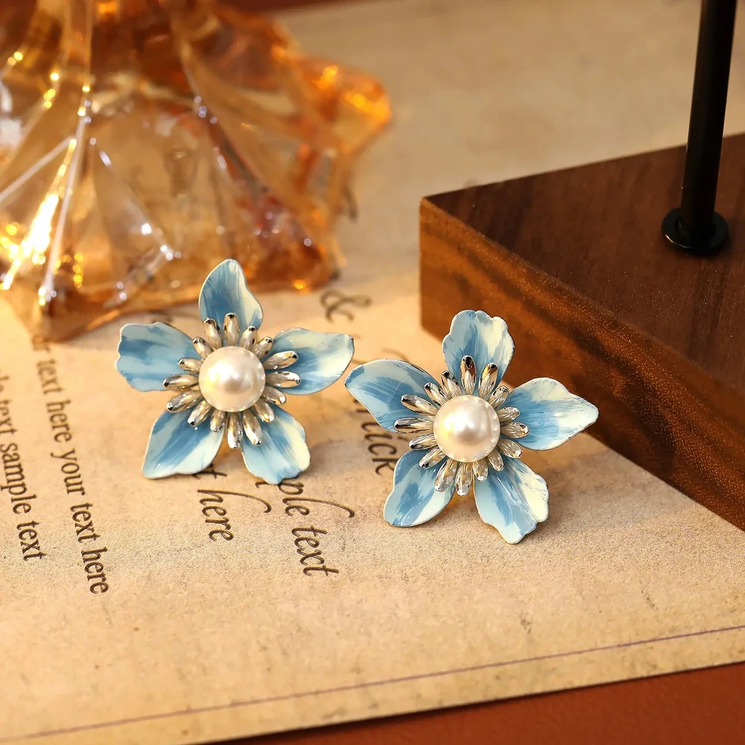 铜合金仿珍珠耳饰 手工珐琅蓝色新中式国风轻奢高级感大气耳饰a86