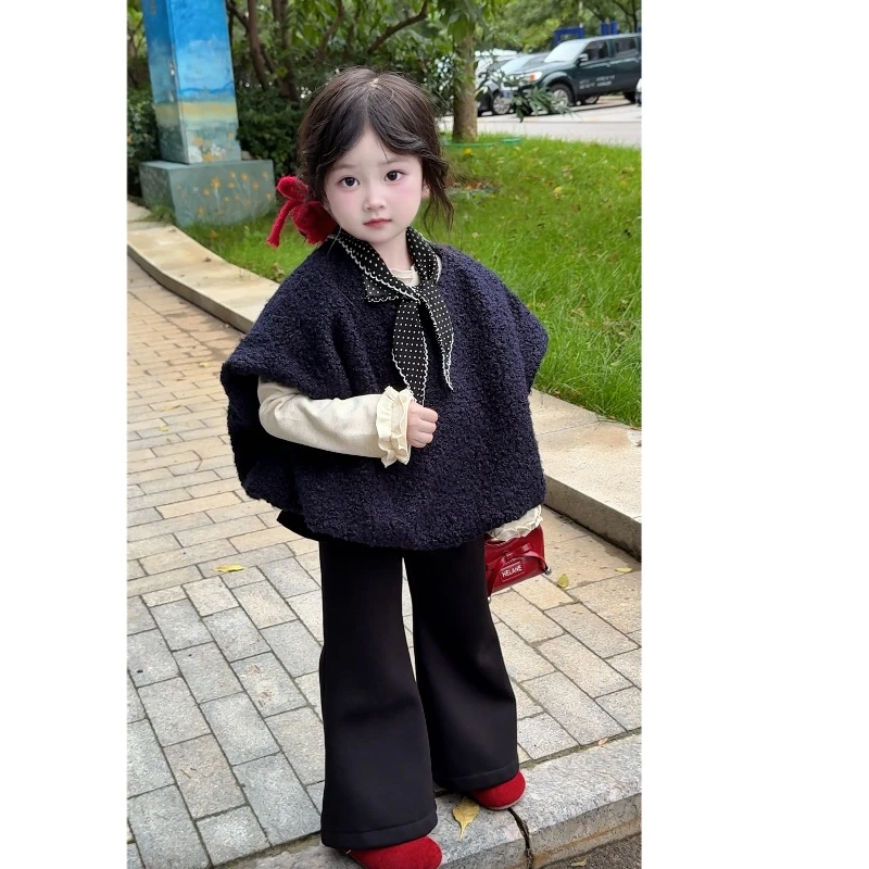 女宝韩系羊羔毛马甲套装冬季2025新款儿童洋气毛毛坎肩加绒喇叭裤