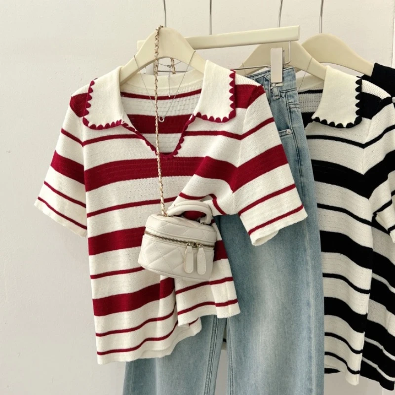 翻领条纹短袖T恤2025夏季新款大码女装胖mm显瘦遮肚针织正肩上衣
