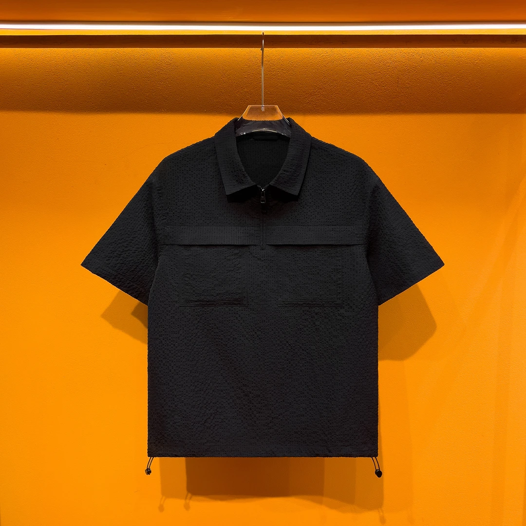 潮牌格纹颗粒感轻奢短袖男士夏季休闲半袖帅气透气翻领上衣男