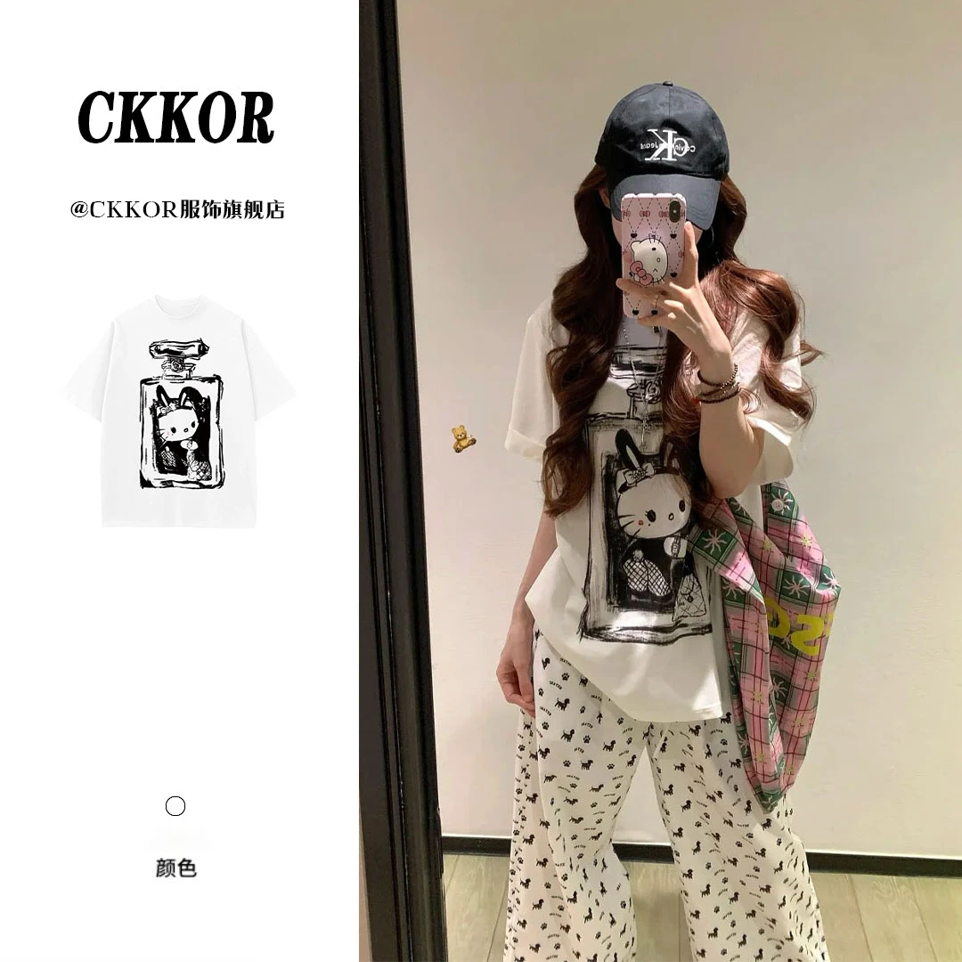 CKKOR韩版休闲纯棉卡通印花t恤女短袖宽松显瘦百搭上衣女夏季穿搭