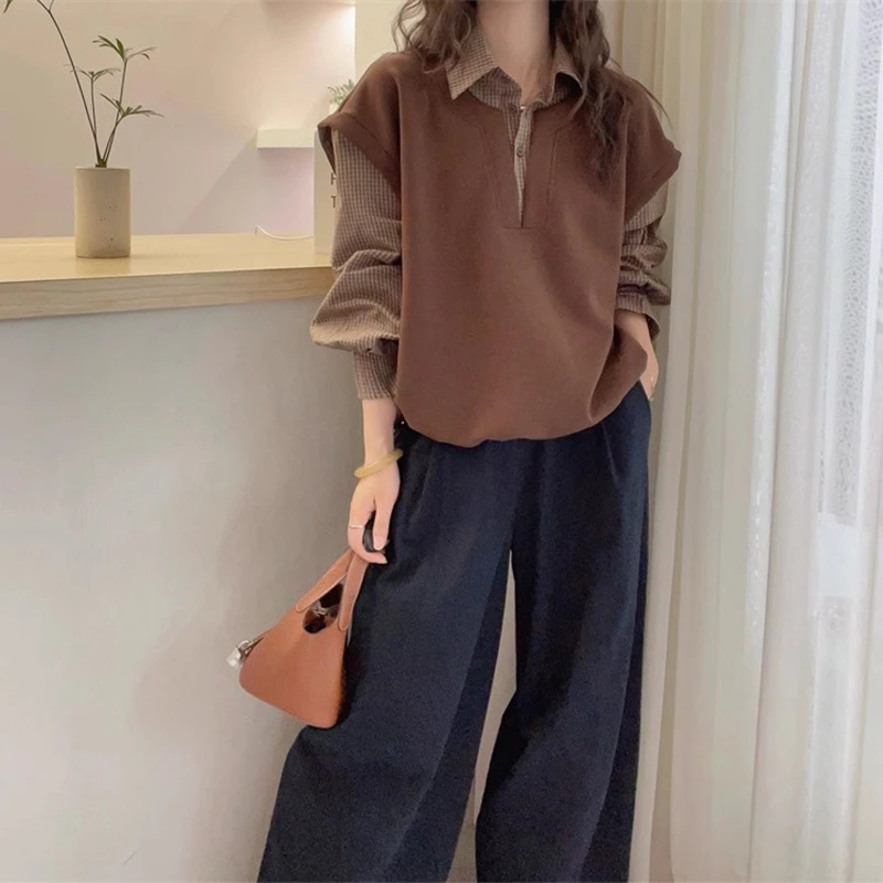 秋季大码女装胖MM独特漂亮假两件拼接格子长袖衬衫女宽松慵懒上衣