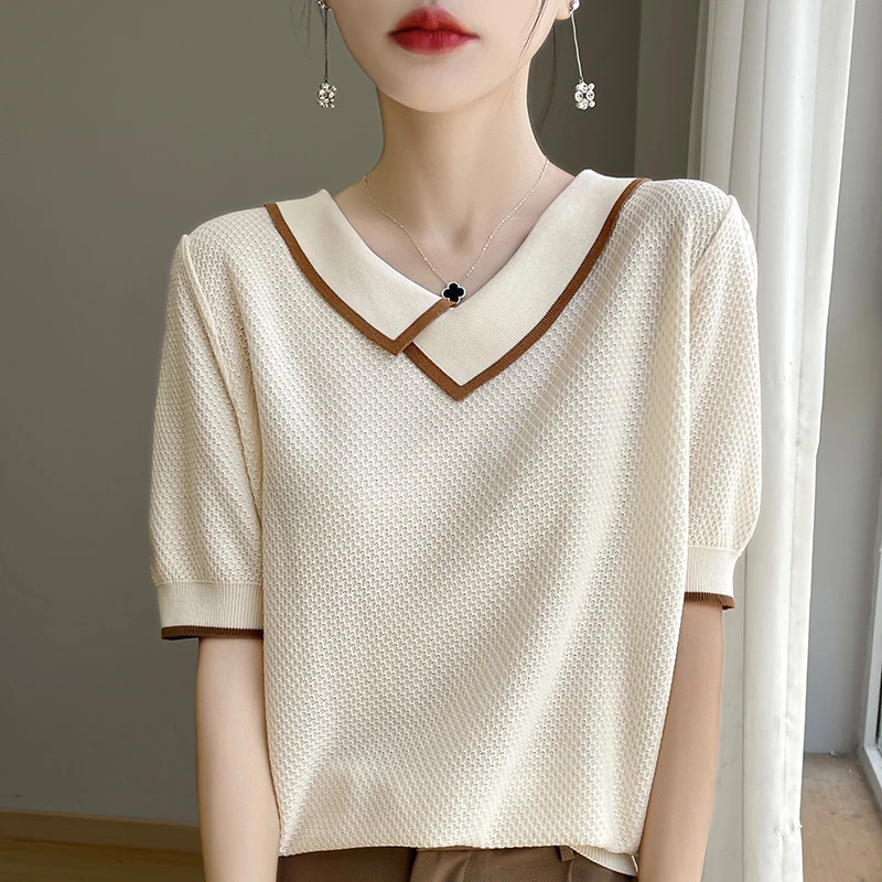 品牌短袖上衣针织衫时尚薄款镂空夏季短袖针织衫显瘦洋气气质