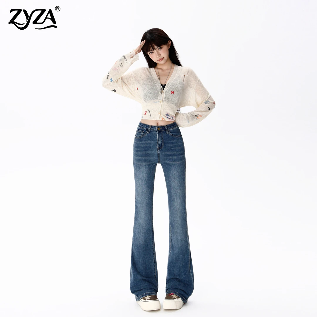 ZYZA复古高腰微喇牛仔裤女秋季新款修身显瘦小个子九分弹力马蹄裤