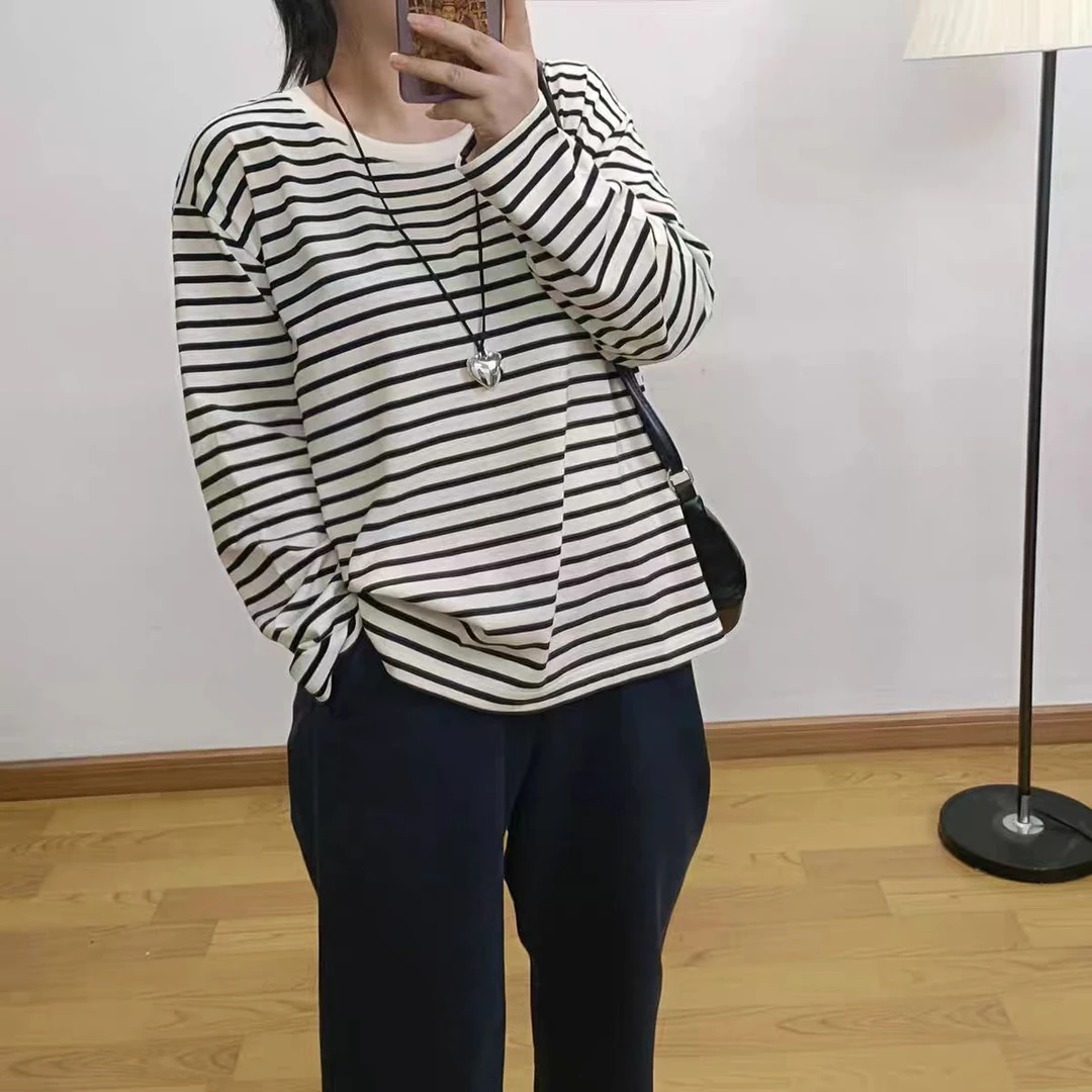 【婷姐家】欧货条纹竹节棉百搭长袖