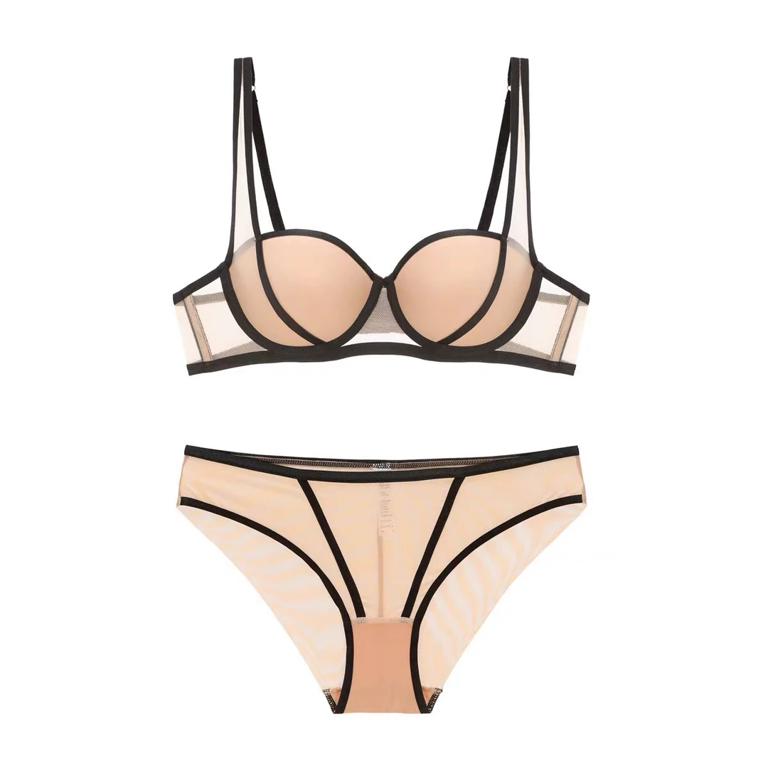 法式性感内衣小胸显大聚拢防下垂文胸光面撞色绑带调整型内衣套装