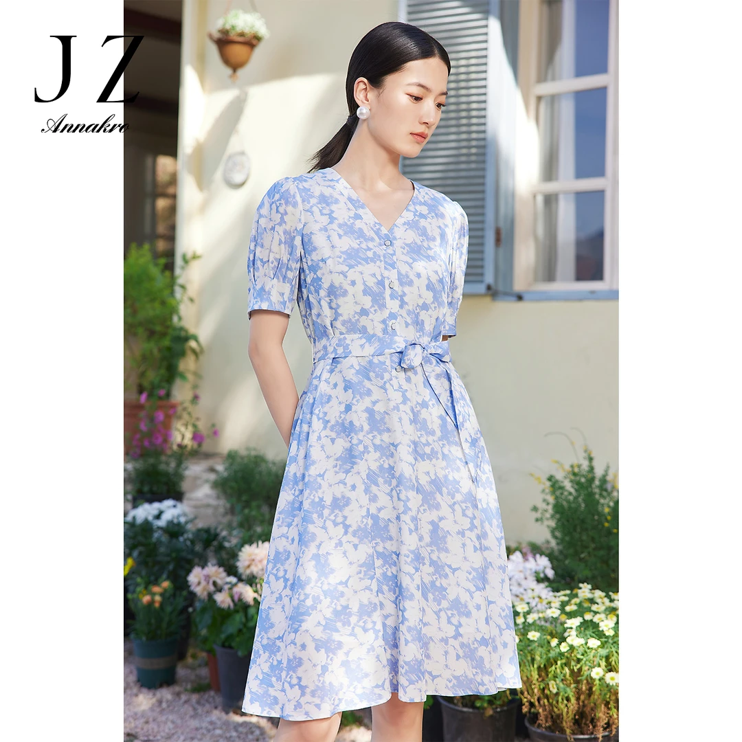 【安雅专属】JTDX50121连衣裙夏V领耸肩袖腰带短袖裙子蓝色