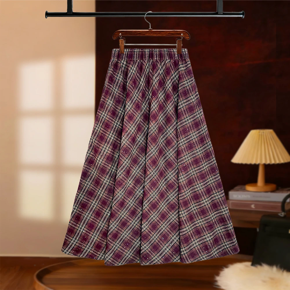 【夏夏】秋冬复古格纹洒银毛呢中长款半身裙加厚女显瘦遮胯D8077