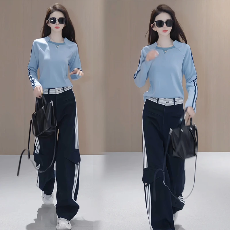 2025秋季时尚显瘦韩版撞色长袖t恤直筒休闲裤气质休闲减龄两件套