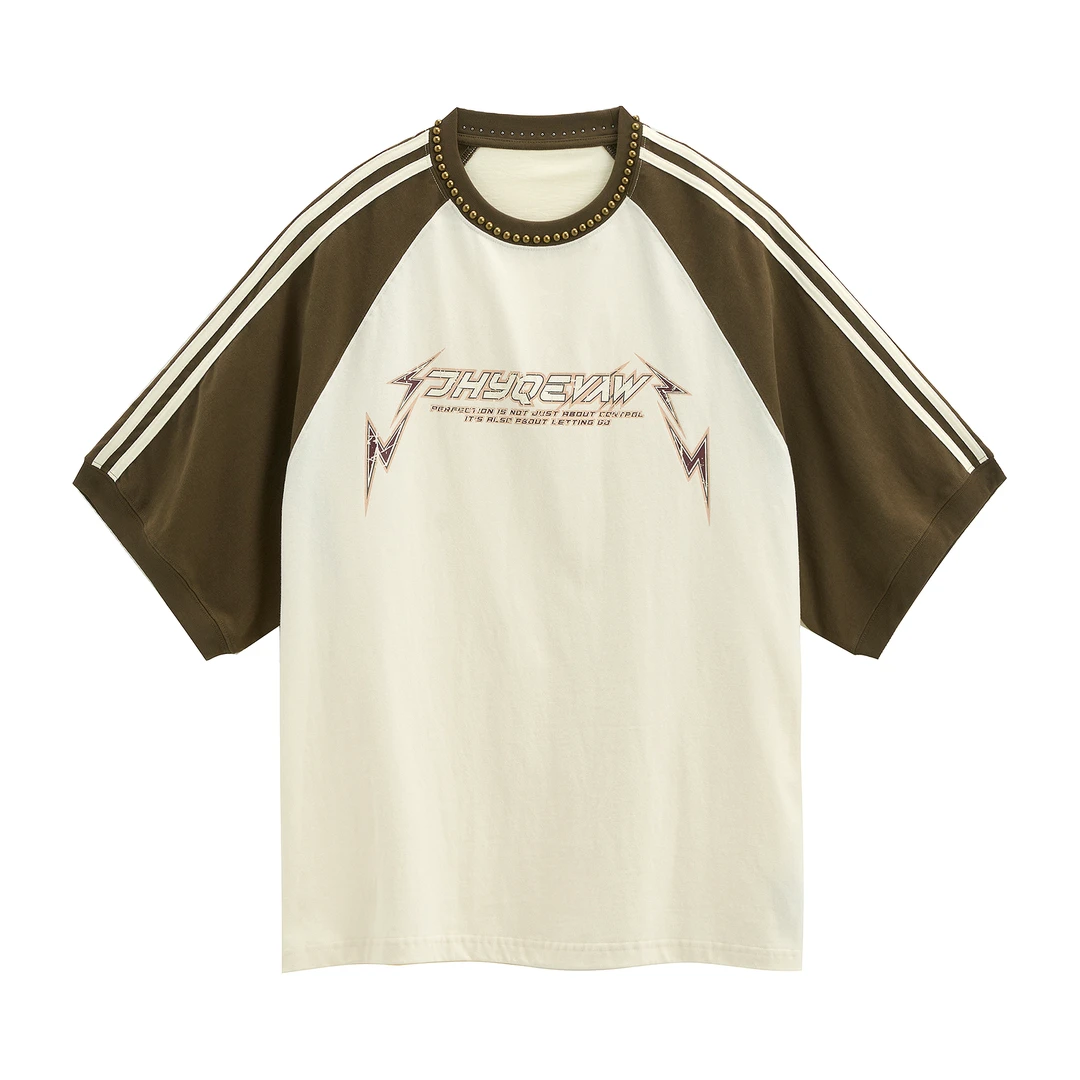 【JHYQ】夏季三条杠撞色拼接串珠短袖t恤男宽松美式圆领印花半袖533