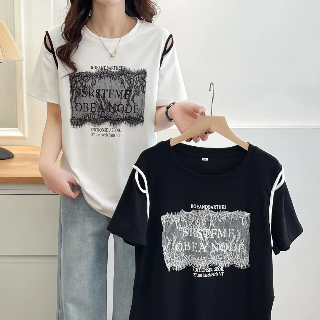 大码女装拼接显瘦休闲短袖圆领T恤百搭印花蕾丝宽松字母夏季半袖